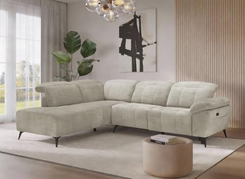 DecoInParis Canapé d'angle Relax électrique en Velours chiné Beige SOLINA - Angle Gauche