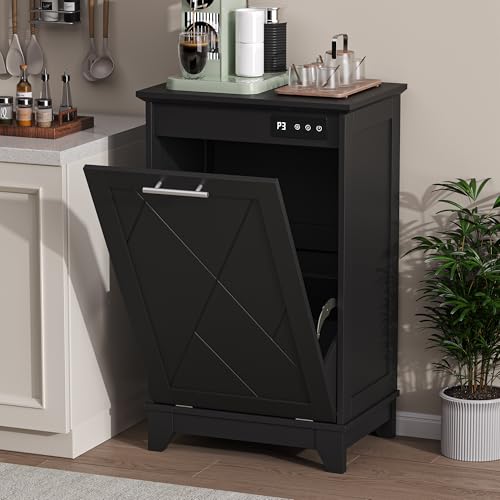 Image of Single Tilt Out Trash Can Cabinet with Negative Ion Odor Control, Hidden 10-Gallon Recycling Cabinet, Dog Proof Garbage Can for Kitchen, Laundry, Dining Room, Black