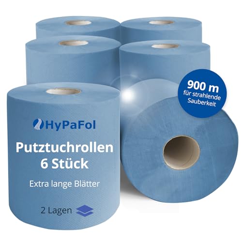 Hypafol Handtuchrollen MIDI 36x19,6 cm | Recycling Blau | 2-lagig, 150 m pro Rolle (6x) | Putztuchrollen für Gewerbe, Büro, Gastro, Sanitär und Werkstatt | Ø 19,5 cm | Extra lange Blätter