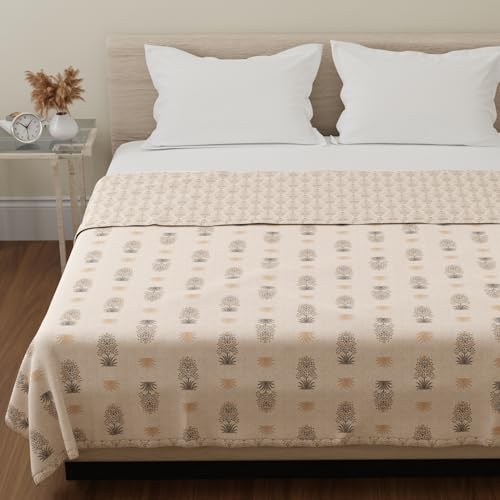 Image of HUESLAND 100% Cotton Reversible Dohar Single Bed Cotton | Soft Cambric Weave, Lightweight AC Blanket for Summer & All Weather Use | 56 x 89 inches, Botanical Fusion - Beige, Grey & Yellow