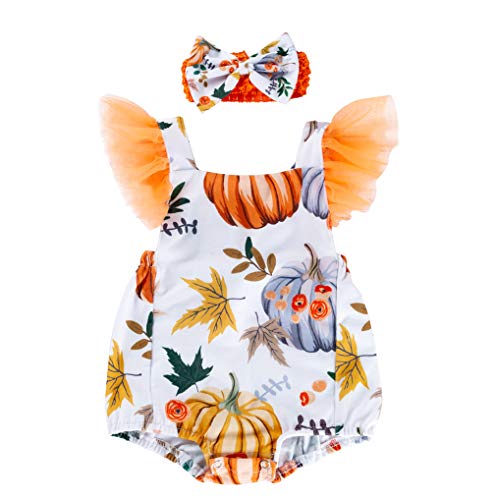 Image of DUBASAM Newborn Baby Girl Halloween Outfit Backless Flutter Sleeve Pumpkin Romper with Bowknot Headband (White, 0-3 Months)