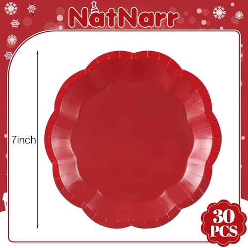 Image of NatNarr 30 Pcs Red Paper Plates 7 Inch Scalloped Dessert Plates Cake Plate | Red Party Plate Disposable for BBQ, Seafood Boil Party, Wedding, Birthday