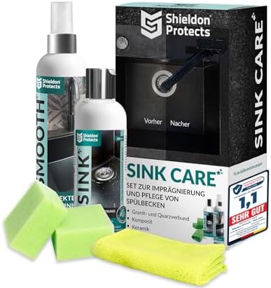 Shieldon Protects 2er Set Reiniger (250 ml) & Imprägnat (200 ml) für Granitspülen - mit Schwämme und Mikrofasertuch - Reinigung & Wasserabweisende Imprägnierung für Granit Blanco S