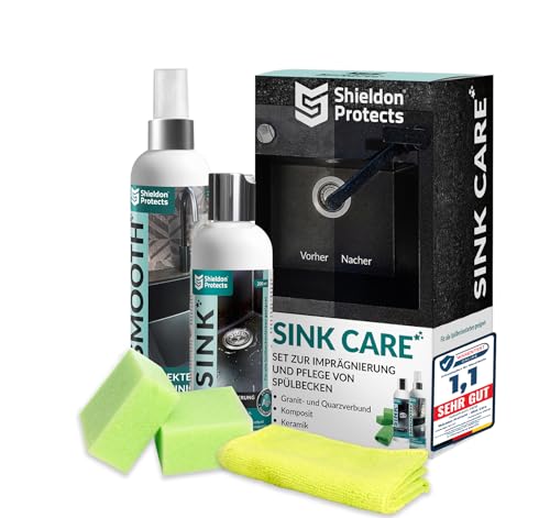 Shieldon Protects 2er Set Reiniger (250 ml) & Imprägnat (200 ml) für Granitspülen - mit Schwämme und Mikrofasertuch - Reinigung & Wasserabweisende Imprägnierung für Granit Blanco Silgranit Spüle