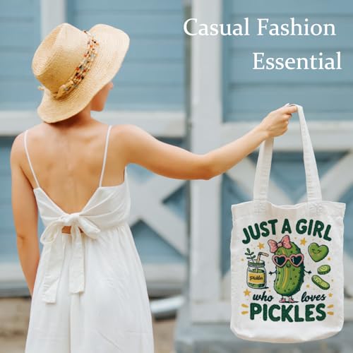 Funny Pickle Tote Bag, Pickle Lover Gifts Canvas Tote Bags for Women, Just a Girl Who Loves Pickles Reusable Grocery Shopping Bags4