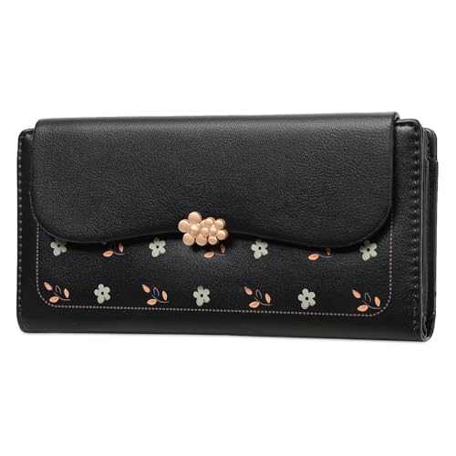 Womens Wallet Leather Credit Card Holder RFID Blocking Trifold Long Ladies Purse with Zipper Pocket