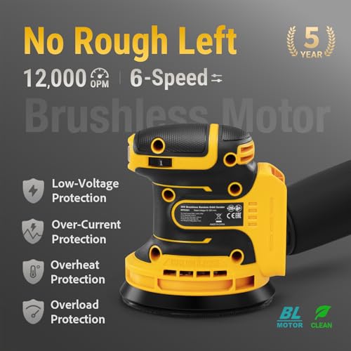 Cordless Random Orbital Sander Compatible with DeWalt 20V MAX Battery - Tool Only, 5" Brushless Palm Sander, 12,000 OPM, 6 Variable Speeds, Dust Collection Bag, 10 PCS Sandpapers for Wood, Metal & DIY - Image 3