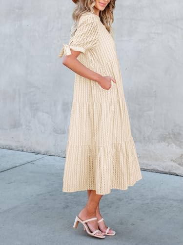 Image of Theenkoln Womens Casual Midi Dress: Short Sleeve V-Neck Empire Waist Gingham Spring Fashion Long Trendy Tiered Formal Dresses