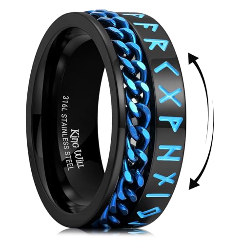 Alliance écriture viking bleue King Will en acier noir, le cadeau masculin idéal