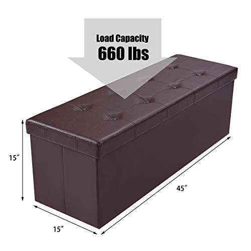Giantex 45" Folding Storage Ottoman Bench, Storage Chest To Support 660Lbs, 165L Storage Trunk Footrest Padded Seat Coffee Table For Bedroom Hallway, Faux Leather, Brown #TOP2