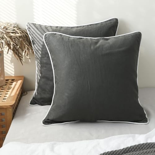Simple&Opulence 100% Linen Euro Sham Covers with Piping Trim, 26"x26" Pillow Cover Set of 2, Breathable Pillow Shams for Bed Couch Decorative Cushions, Dark Grey by Simple&Opulence - Used condition - US$28.30