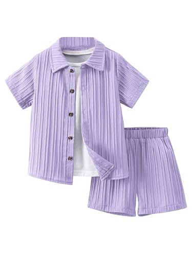 Image of SweatyRocks Boy's 2 Piece Summer Vacation Outfits Short Sleeve Collar Button Down Shirt and Shorts Clothing Set