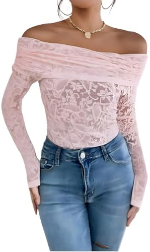 Women’s Off Shoulder Lace Ruched Tops Long Sleeve Slim Fit Blouse...