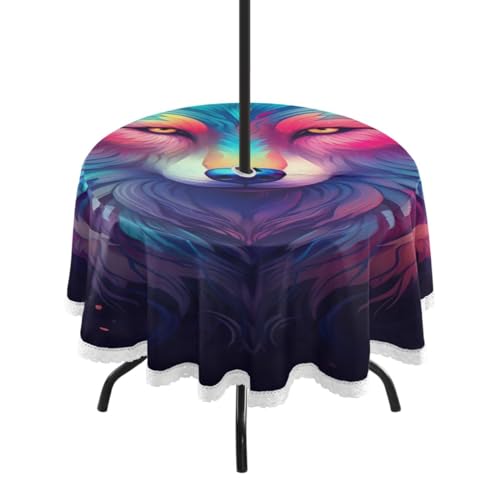 Wajiw 60 Inch Indoor Outdoor Round Tablecloth with Umbrella Hole and Zipper Waterproof Patio Table Cover for Camping Dining Room Party Outdoor Picnic,Wolf
