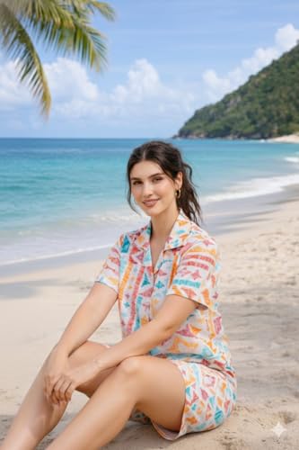 Image of Zilcon Woman Cotton Floral Printed Co-Ord Set - Short Sleeve Shirt with Matching Shorts, Lightweight Breathable Summer Outfit, Beach Vacation Casual Wear