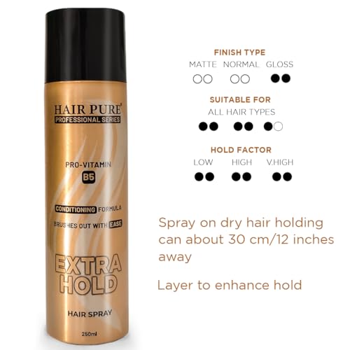 Image of Hair Pure Extra Hold Hair Spray | Quick Drying | Long Lasting Hold | No Flaking | Natural Shine | Non-Sticky | Easy Wash Off | Pro Vitamin B5 | Conditioning Formula (250ml)