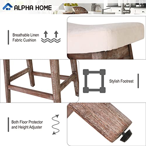 Alpha Home Bar Stools Set Of 2, Solid Wood Saddle Kitchen Stools With Beige Linen Fabric Cushion Counter Height Barstools With Vintage Farm Wooden Base For Kitchen Dining Cafe, 24 Inch, Beige, 2Pcs #TOP5
