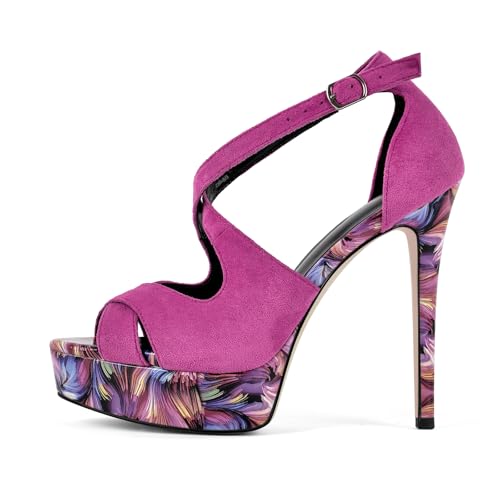 onlymakerheels Platform Stiletto High Heels for Women, Round Open Toe Ankle Strap Sexy Heeled Sandals Purple Size9