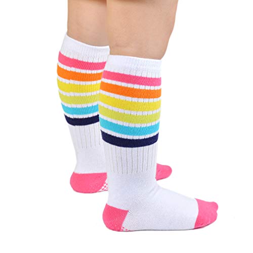 Image of Epeius Baby Girl Rainbow Striped Knee High Socks Non-Skid Uniform Tube Stockings for Infant,Toddler and Child