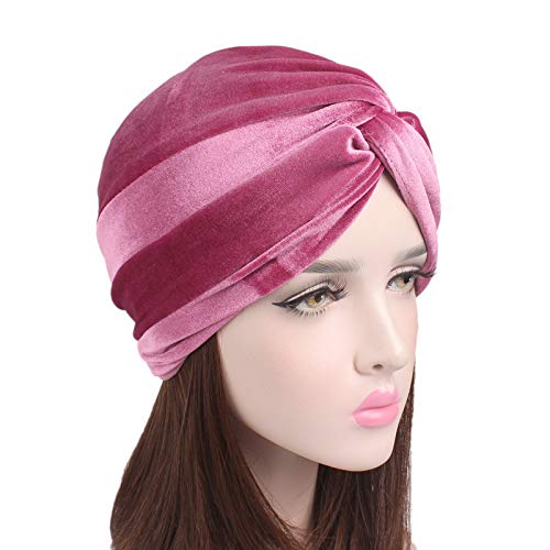 Fxhixiy Women's Stretch Velvet Twist Pleasted Hair Wrap Turban Hat Cancer Chemo Beanie Cap Headwear (Pink)