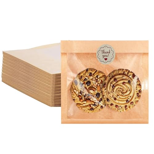 100 Pack Cookie Bags with Seal, 7.1x7.5 Inch Heat Sealable Bakery Bags with Window, Heat Sealable To Go Paper Bag for Bagel, Sandwich, Cake Slice, Pastry, Donut