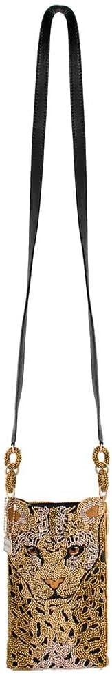 Mary Frances Gone Wild Beaded Leopard Crossbody Cell Phone Bag – Evening Clutch with Zipper Pocket & Leather Strap for Travel, Weddings, Parties – Gold