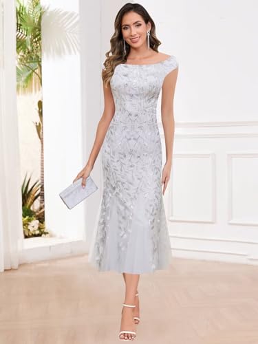 Lace Appliques Mother of The Bride Dress Tea Length Mermaid Sequin Off Shoulder Formal Evening Gowns3