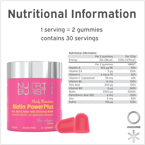 Nutriburst Biotin Power Plus - Biotin (2500mcg) + Liposomal Vitamin C for Healthy Hair & Glowing Skin - Strawberry Flavour - 60 Gummies 1 Month Supply - Suitable for Vegans - Image 8