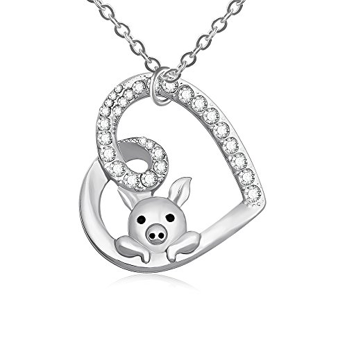 Delicate Cute Hollow Heart Lovely Pig Pendant Necklace Piggy Crystal Jewelry for Women Girls Birthday Valentine's Day Gift (Silver)