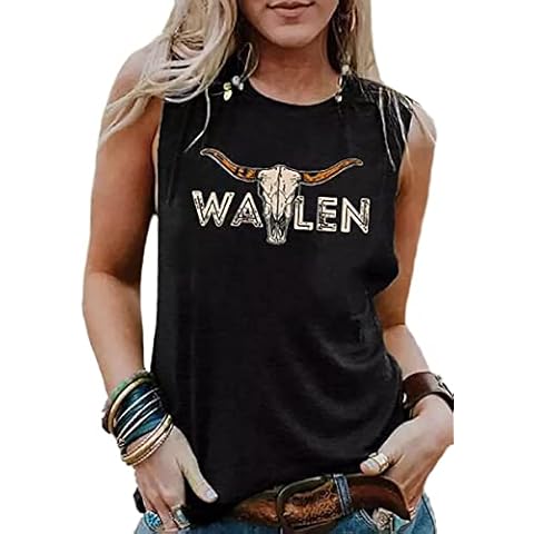 Wallen Shirt Women Western Cow Skull Tee Shirt Novelty Graphic Western Cowgirl Vest Top Casual Sleevless O-Neck Tank, Black, X-Large Cover