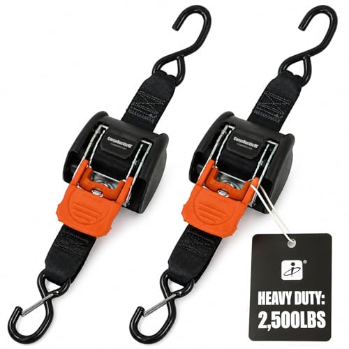 CargoBuckle G3 2-Inch Retractable Ratchet Tie-Down System - Heavy Duty Straps with Dual S-Hooks 2 500 lbs Break Strength 2-Pack