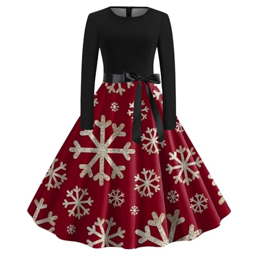 Weihnachtskleid Damen Kleid Weihnachten Festlich Elegant Petticoat Kleid Langarm a Linie Rockabilly Kleider mit Weihnachtsmotiv Rundhals Holiday Dress...