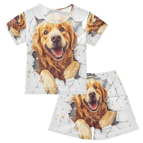 ALAZA Golden Retriever Puppy Dog White Pajamas Set Short Sleeve Cotton Sleepwear Summer Pjs 2 Piece 5-14Y