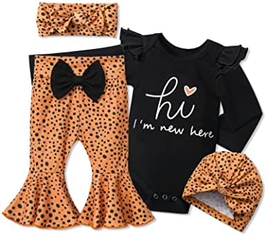 ADIFUN Baby Clothes For Girl 0-3 Months,Baby Girl Outfit Hi I'M New Here Black Ruffle Long-Sleeved Tops Tights Romper Leopard Baby Bell Bottoms Headband 4pcs Sets
