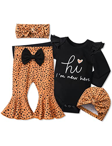 Adifun Newborn Girl Clothes Hi I'm New Here Black Ruffle Long Sleeve Tops Tights Leopard Baby Bell Bottoms Headband Hood 4Pcs Set Newborn Baby Girl Outfits #TOP7