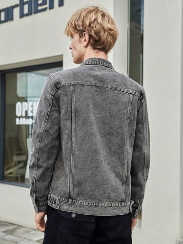 Image of Stylish Men's Acid Wash Denim Jacket, Classic Button Front Design, Grey, Casual Streetwear