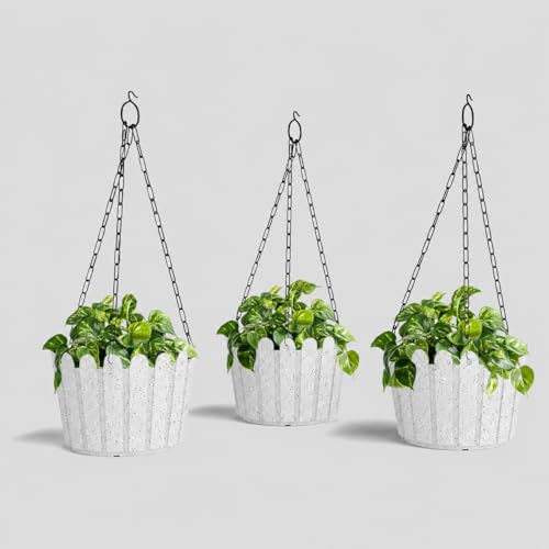 YUCCABE ITALIA SHERA Hanging Fence 8 Inch Planter Pot Plastic Flower Hanging Pots for Home Decoration Suitable for Indoor and Outdoor (Marble White, Pack of 3)
