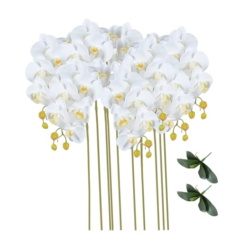 Calcifer® 10 Pcs Artificial Real Touch Latex Phalaenopsis Orchid Stem Bouquets with 2 Leaves Artificial Flowers for Wedding Party Home Garden Decor (White&Yellow Heart)