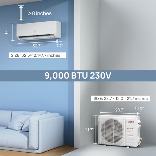 Image of TURBRO 9,000 BTU Ductless Mini Split Inverter AC with Heat Pump, 23.5 SEER2, 230V, WiFi-Enabled, Cools up to 450 Sq.Ft, Energy Star, Greenland Series