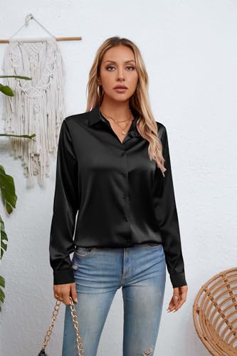 Womens Satin Silk Button Down Shirts Long Sleeve Blouse Casual Work Office Tops3