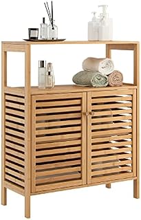 RELAX4LIFE Bamboo Storage Cabinet, Floor-Standing Bathroom Cabinet Cupboard with Louver Door & Open Shelves, Display Shelf Storage Sideboard Organizer Unit for Kitchen Living Room Hallway
