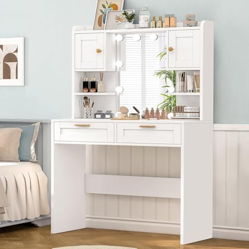 FIONESO Schminktisch mit Beleuchtung,Einstellbarer Helligkeit,Frisiertisch mit HD Spiegel und 2...