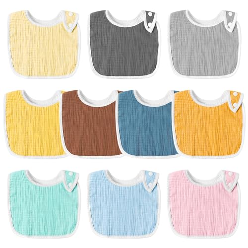 WATINC 10Pcs Baby Muslin Bibs, Cotton Newborns Sabber absorbierende Lätzchen mit verstellbaren Druckknöpfen, weiche atmungsaktive feste Farben Tücher für baby Zahnen Fütterung Entwöhnung(0-36 Monate)