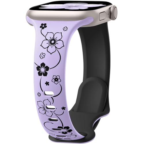 Lerobo Slim Thin Two-Tone Compatible with Apple Watch Band 40mm 38mm 41mm 42mm 44mm 45mm 46mm 49mm for Women- Soft Cute Flower/Heart Engraved Sport Band for iWatch Series 11 10 9 8 7 6 5 4 3