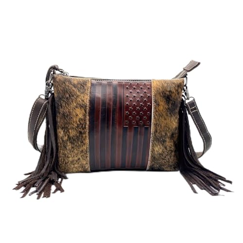 Western American Flag Embossed Women Shoulder Bags Vintage Horsehair Tassels Handbag Cowhide Leather Purse