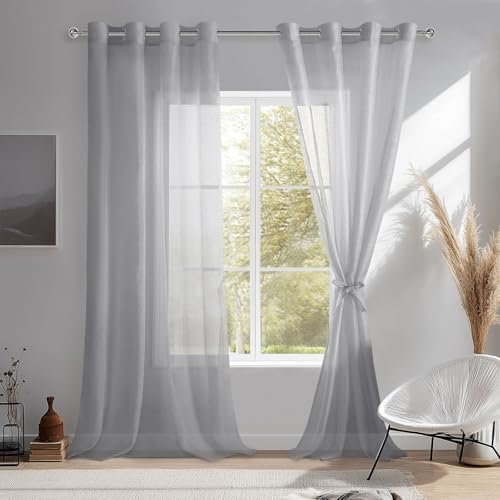 DWCN Lot de 2 Rideaux Voilages à Oeillets pour Fenêtre, Rideau Transparents avec Embrasses pour Salon Chambre d'enfant, Gris, 140x240cm (Largeur x Hauteur)