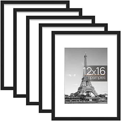 upsimples 12x16 Picture Frame Set of 5,Display Pictures 8.5x11 with Mat or 12x16 Without Mat,Wall Gallery Photo Frames,Black