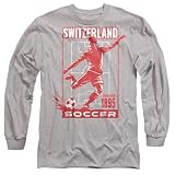 Popfunk Switzerland Soccer Player Silhouette Football Graphic Unisex Adult Long-Sleeve T Shirt, Athletic Heather, 3X-Large