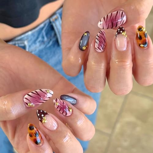 24Pcs Short Almond Press on Nails French Tip Fake Nails with Leopard Print, Zebra Stripes, Gold Beads Designs Cute Animal Style Nails Press ons Acrylic Nail Reusable Glue on Nail for Women