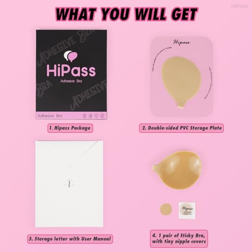 Hipass Adhesive Sticky Bra, Push Up Invisible Bras for Backless Strapless Dress，Reusable Wireless Breast Lift Bras for Women Beige2